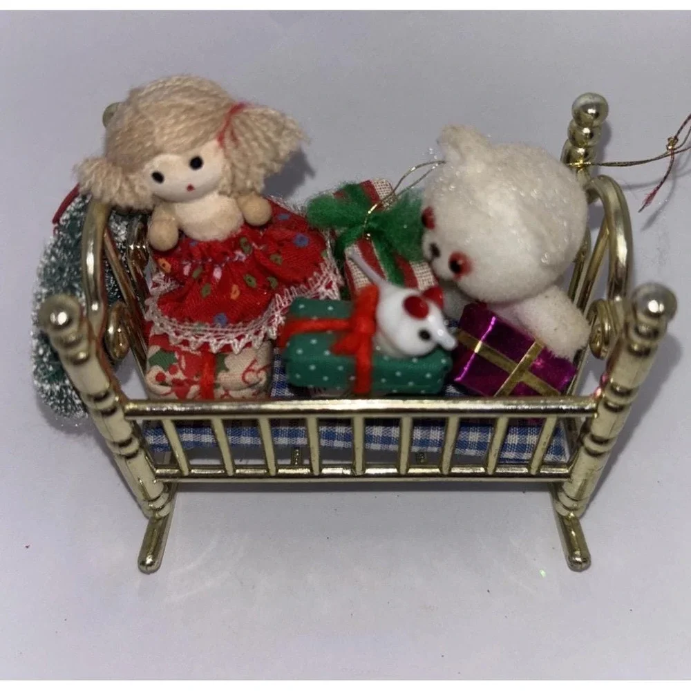 Vintage Schmid Christmas Ornament Teddy Bears In Crib With Gifts 4 Inch
